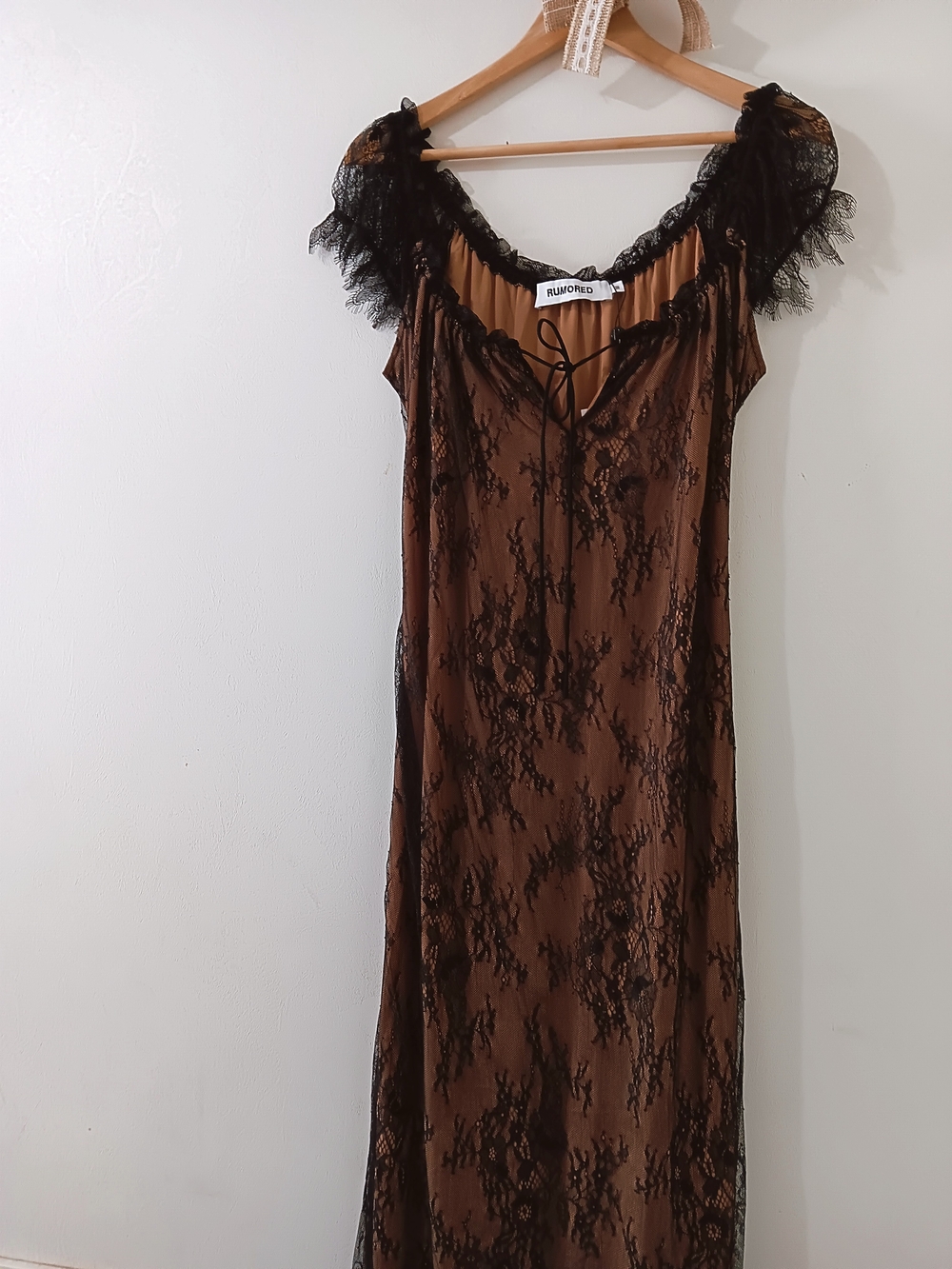 Rumored Victorian Ruffled Black Sheer Lace Tan Brown Midi Slip Dress Medium